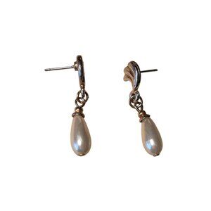 Vintage Gold Tone Faux Pearl Teardrop Earrings Wave Dangle Bridal Post‎ 1.25"